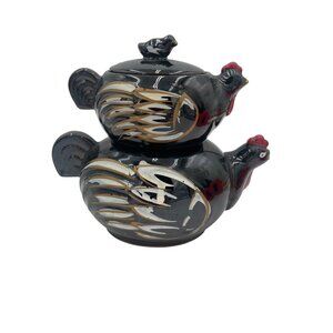 Vintage Hand-Painted Rooster Stacking Ceramic Sugar & Creamer Set